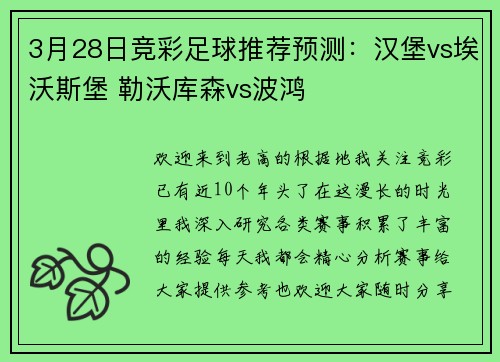 3月28日竞彩足球推荐预测:汉堡vs埃沃斯堡 勒沃库森vs波鸿