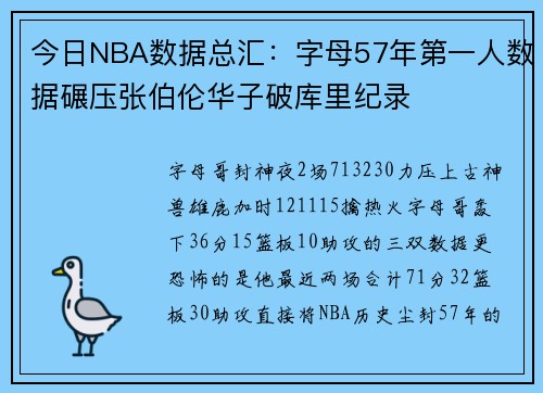 今日NBA数据总汇:字母57年第一人数据碾压张伯伦华子破库里纪录