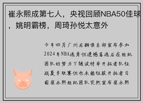 崔永熙成第七人，央视回顾NBA50佳球，姚明霸榜，周琦孙悦太意外