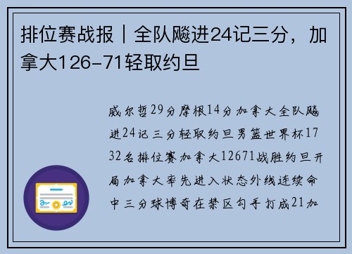 排位赛战报|全队飚进24记三分,加拿大126-71轻取约旦